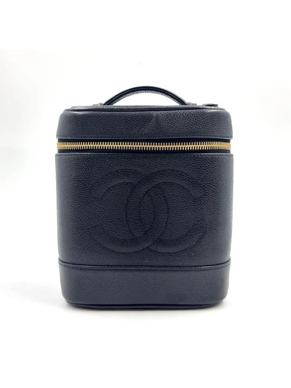 Chanel CC Logo Vanity Caviar Leather Black Pouch Gold